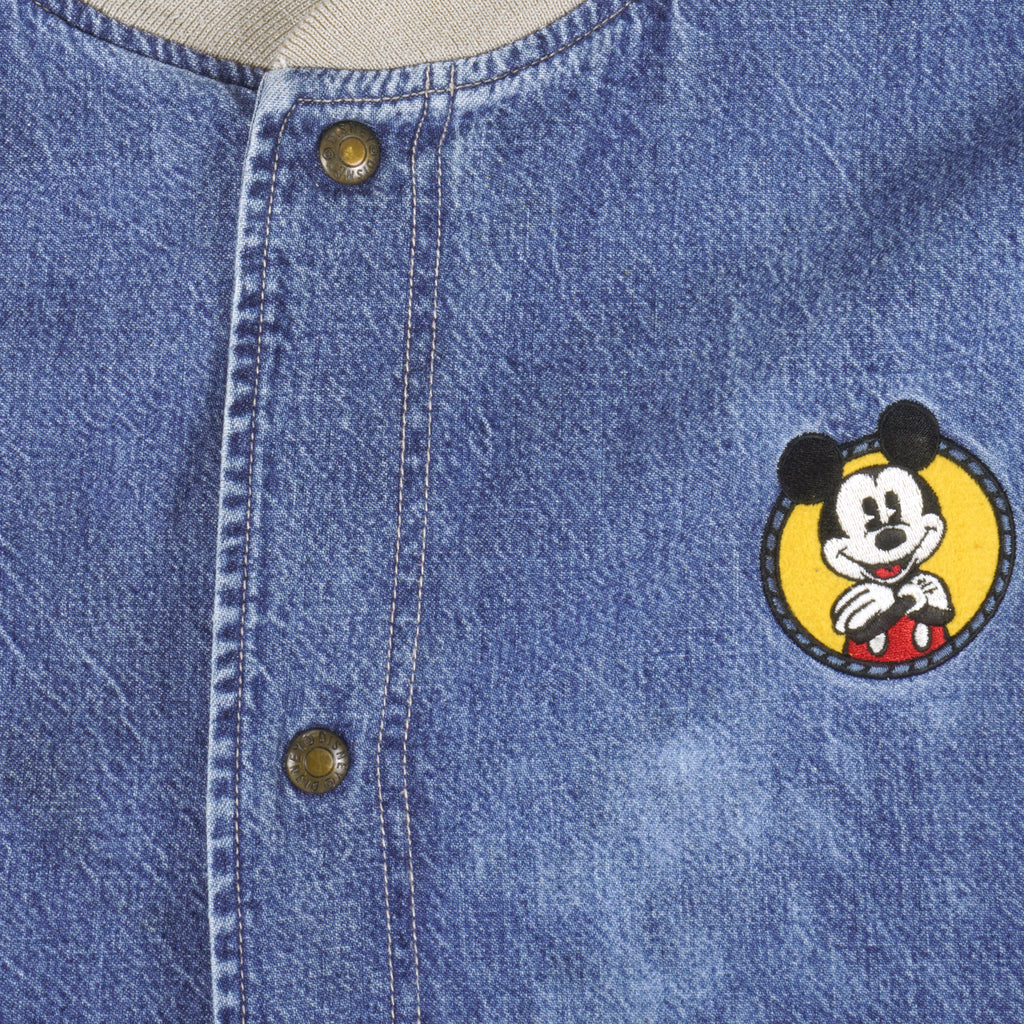 Disney - Mickey Mouse Embroidered Denim Bomber Jacket 1990s Large Vintage Retro