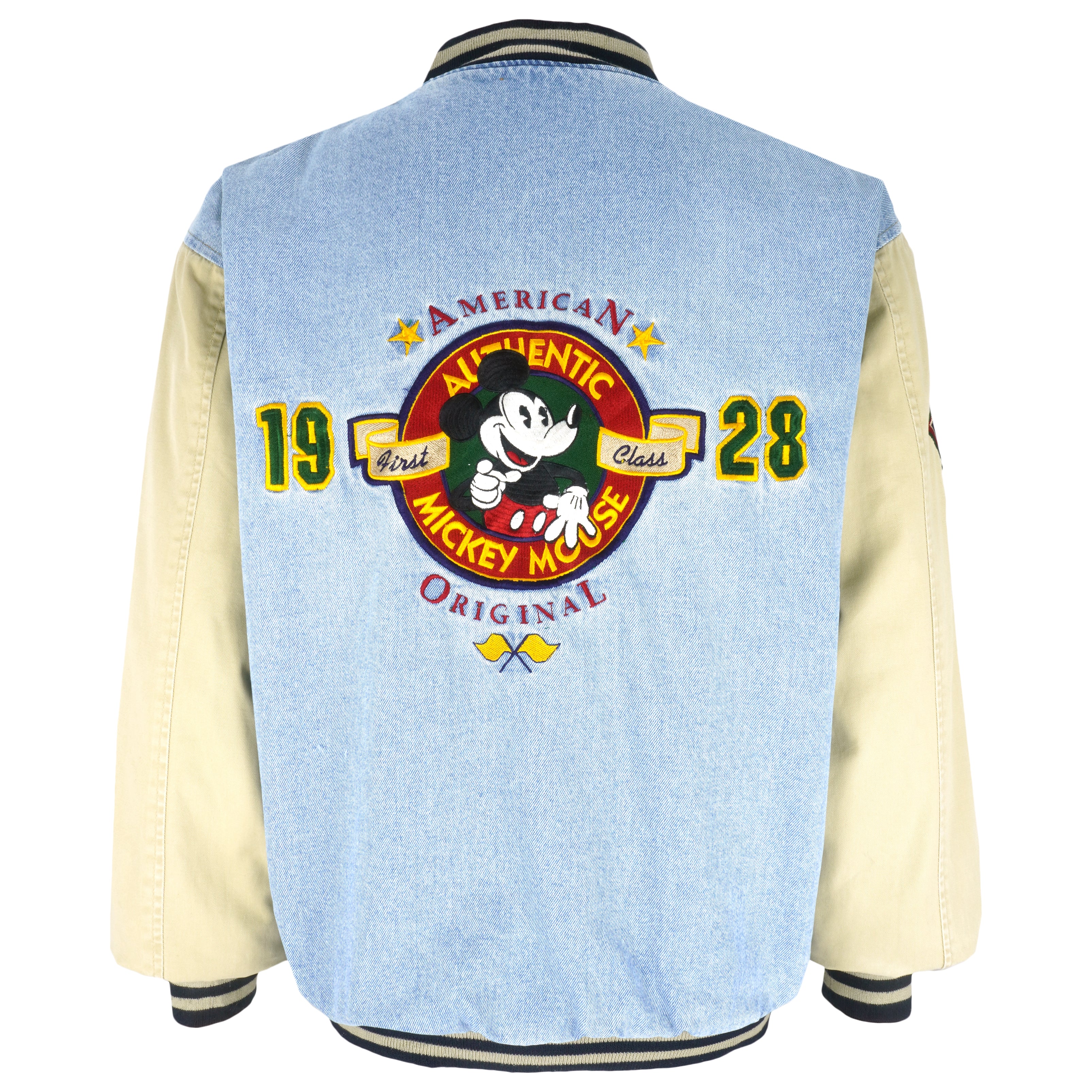 Vintage Disney Mickey Mouse First Class American Original Varsity Denim Jacket 1990s Large Vintage Club Clothing