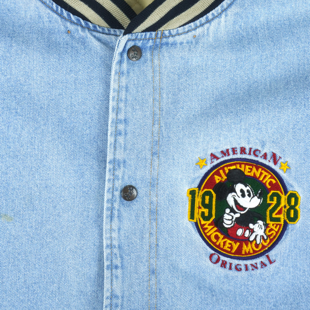 Disney - Mickey Mouse American Original Embroidered Denim Bomber Jacket 1990s Large Vintage Retro