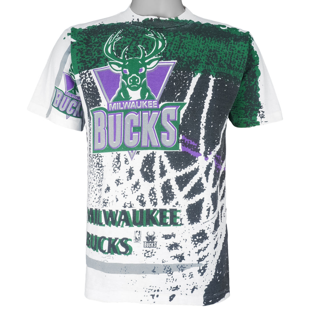 NBA (Magic Johnson Ts) - Milwaukee Bucks All Over Print T-Shirt 1990s Small Vintage Retro Basketball