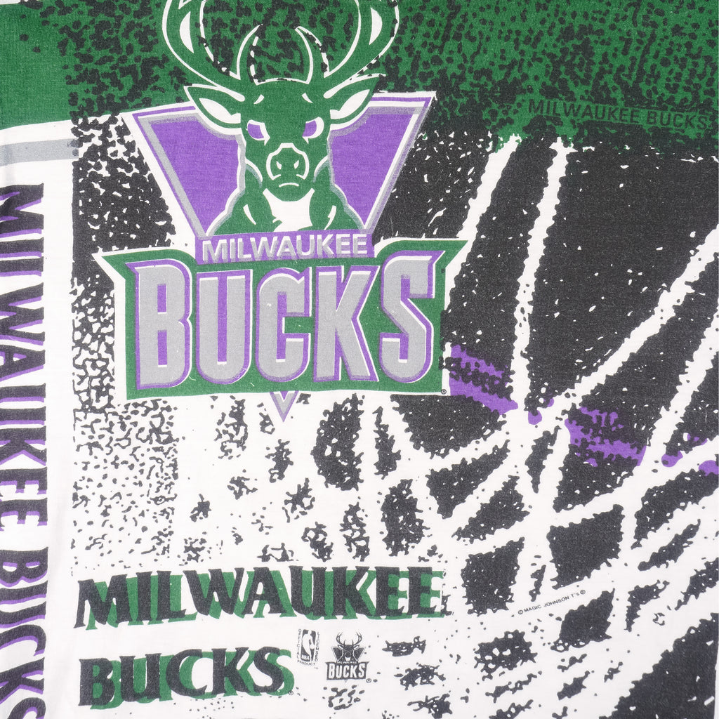 NBA (Magic Johnson Ts) - Milwaukee Bucks All Over Print T-Shirt 1990s Small Vintage Retro Basketball