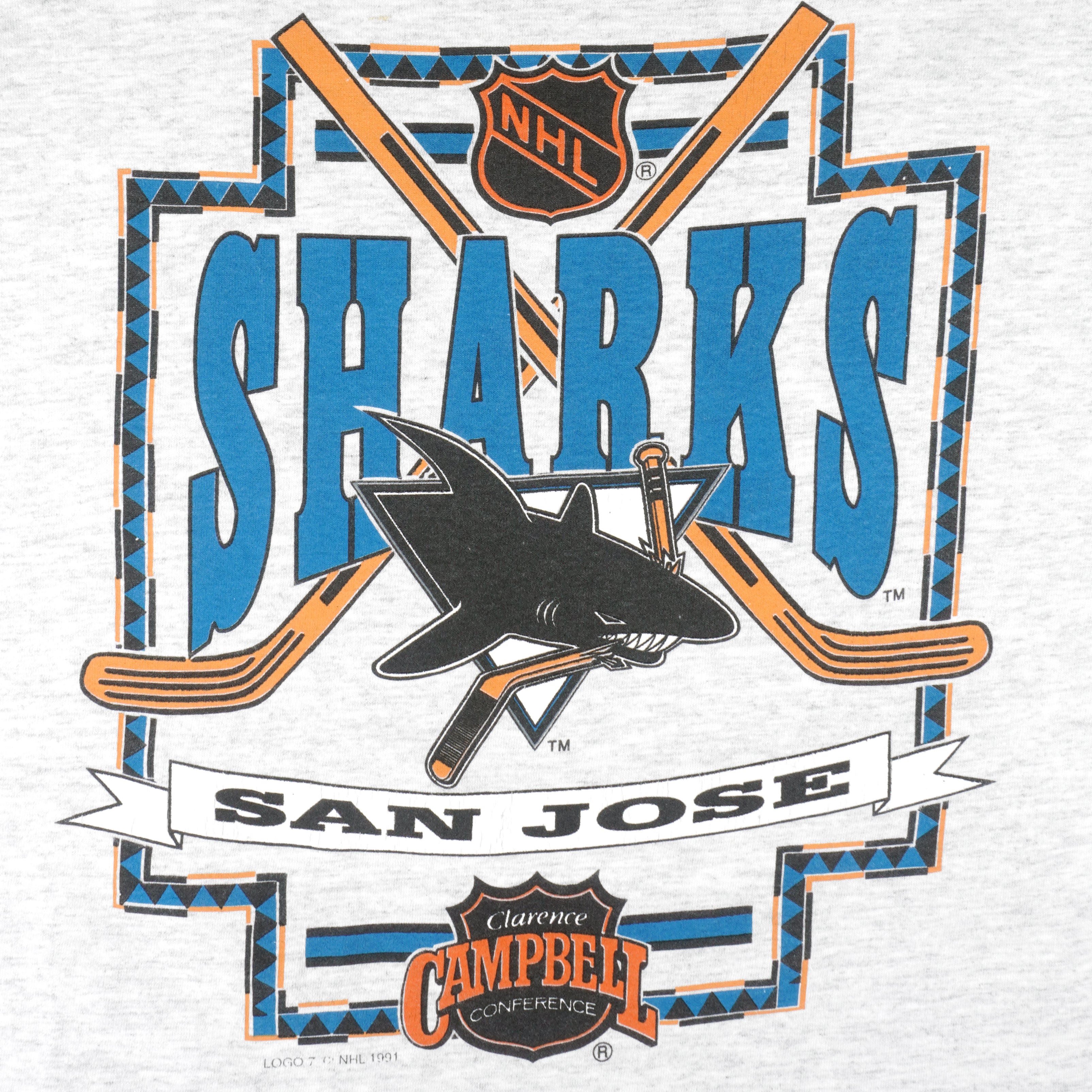 NHL (Logo 7) - Grey San Jose Sharks Single Stitch T-Shirt 1991 X-Large Vintage Retro Hockey