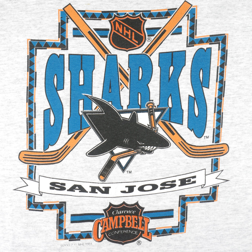 NHL (Logo 7) - Grey San Jose Sharks Single Stitch T-Shirt 1991 X-Large Vintage Retro Hockey