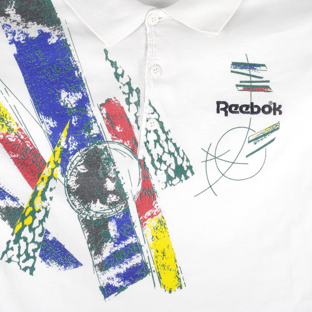 Reebok - White 1/4 Button T-Shirt 1990s Large Vintage Retro