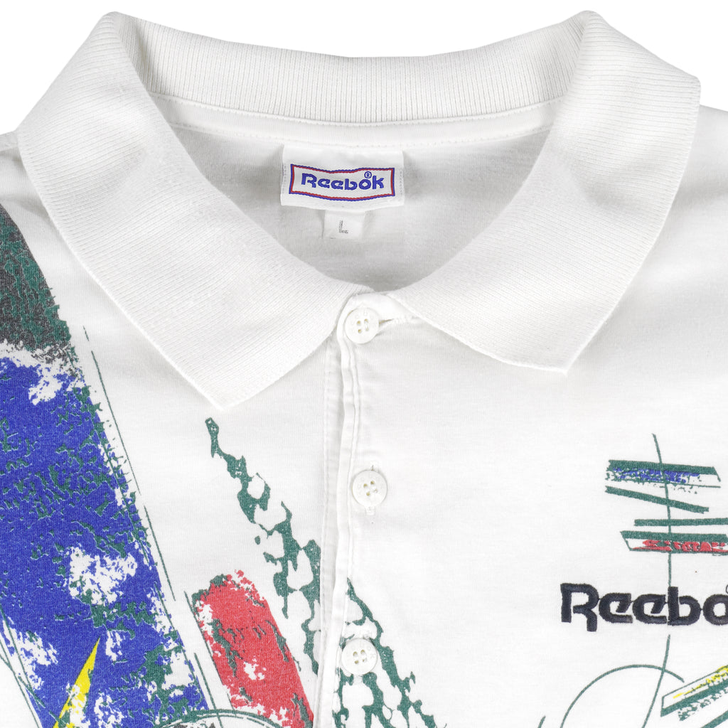 Reebok - White 1/4 Button T-Shirt 1990s Large Vintage Retro