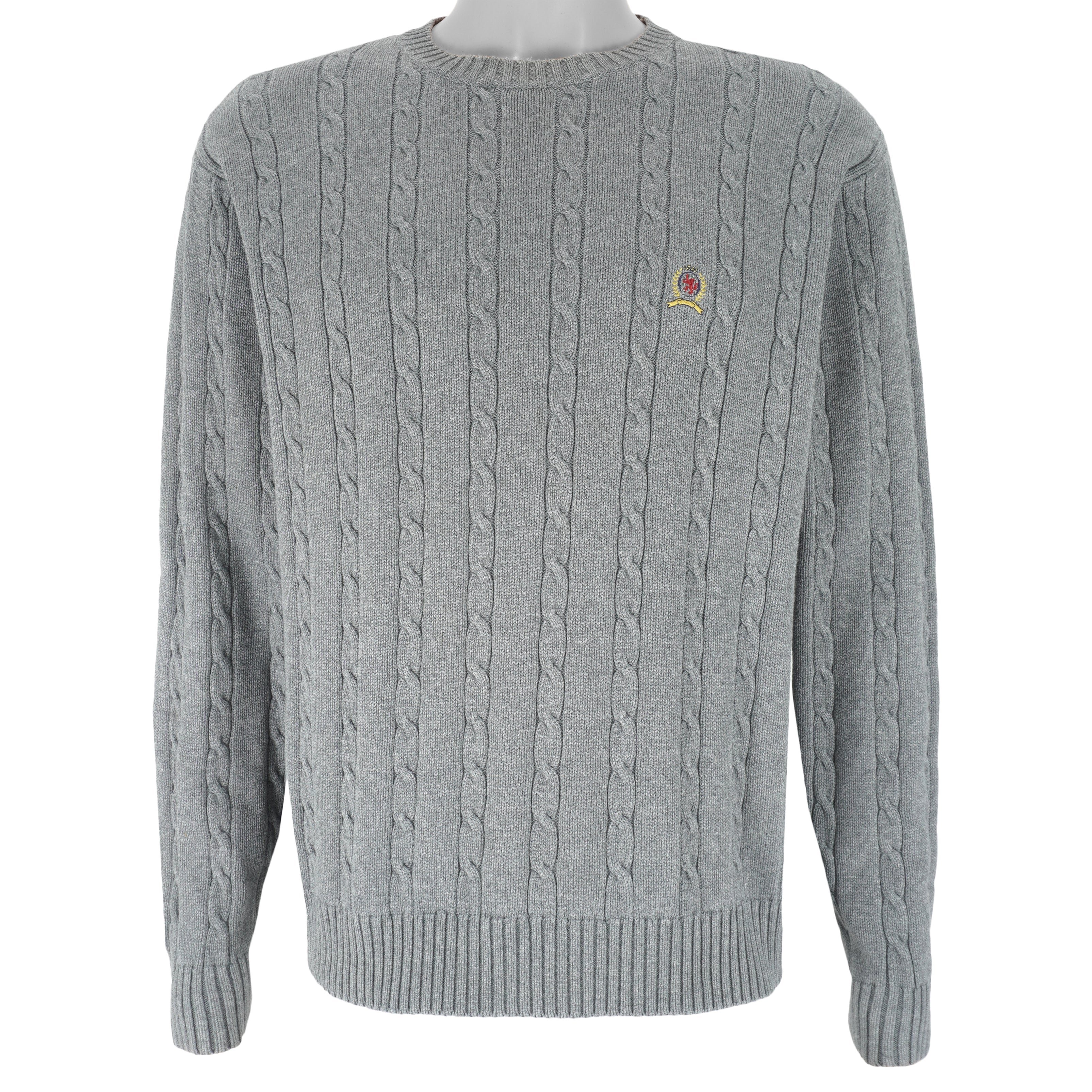 Tommy Hilfiger - Grey Embroidered Knit Sweater 1990s Medium Vintage Retro