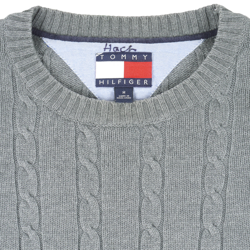 Tommy Hilfiger - Grey Embroidered Knit Sweater 1990s Medium Vintage Retro