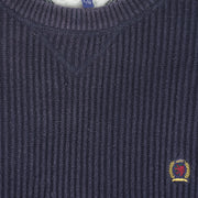 Tommy Hilfiger - Navy Blue Embroidered Knit Sweater 1990s Large Vintage Retro