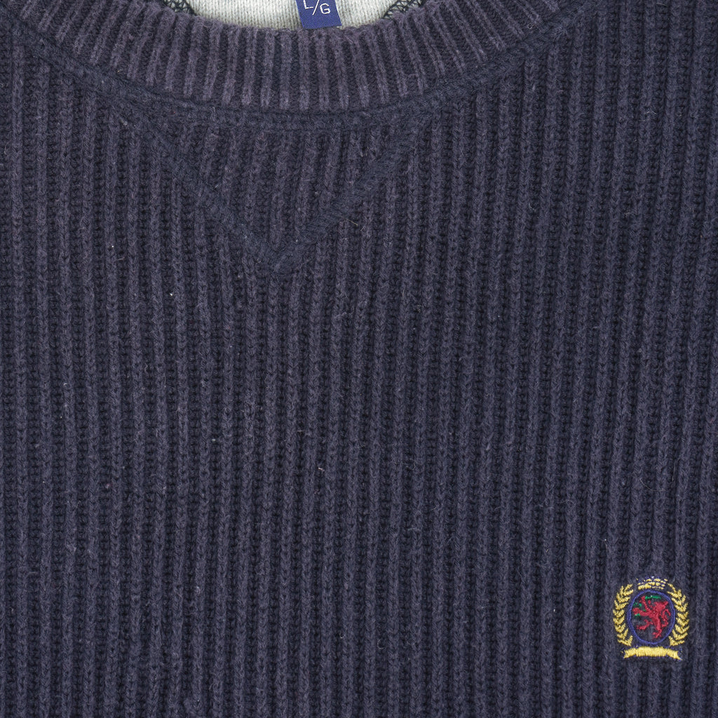 Tommy Hilfiger - Navy Blue Embroidered Knit Sweater 1990s Large Vintage Retro