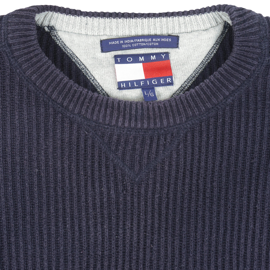 Tommy Hilfiger - Navy Blue Embroidered Knit Sweater 1990s Large Vintage Retro