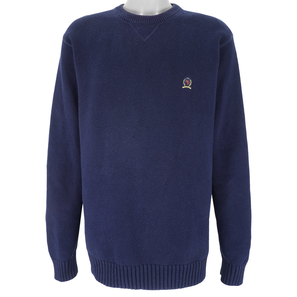Tommy Hilfiger - Navy Blue Embroidered Knit Sweater 1990s X-Large Vintage Retro