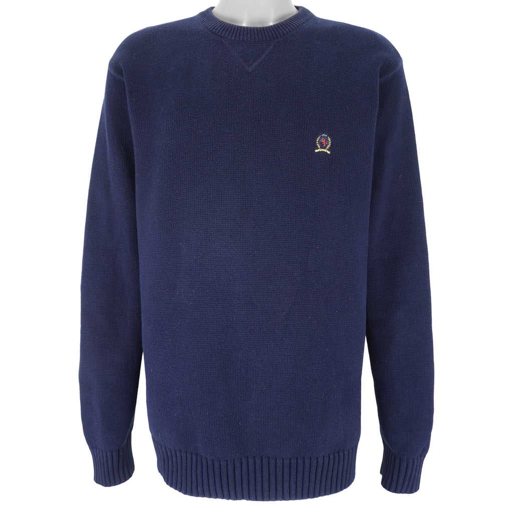 Tommy Hilfiger - Navy Blue Embroidered Knit Sweater 1990s X-Large Vintage Retro