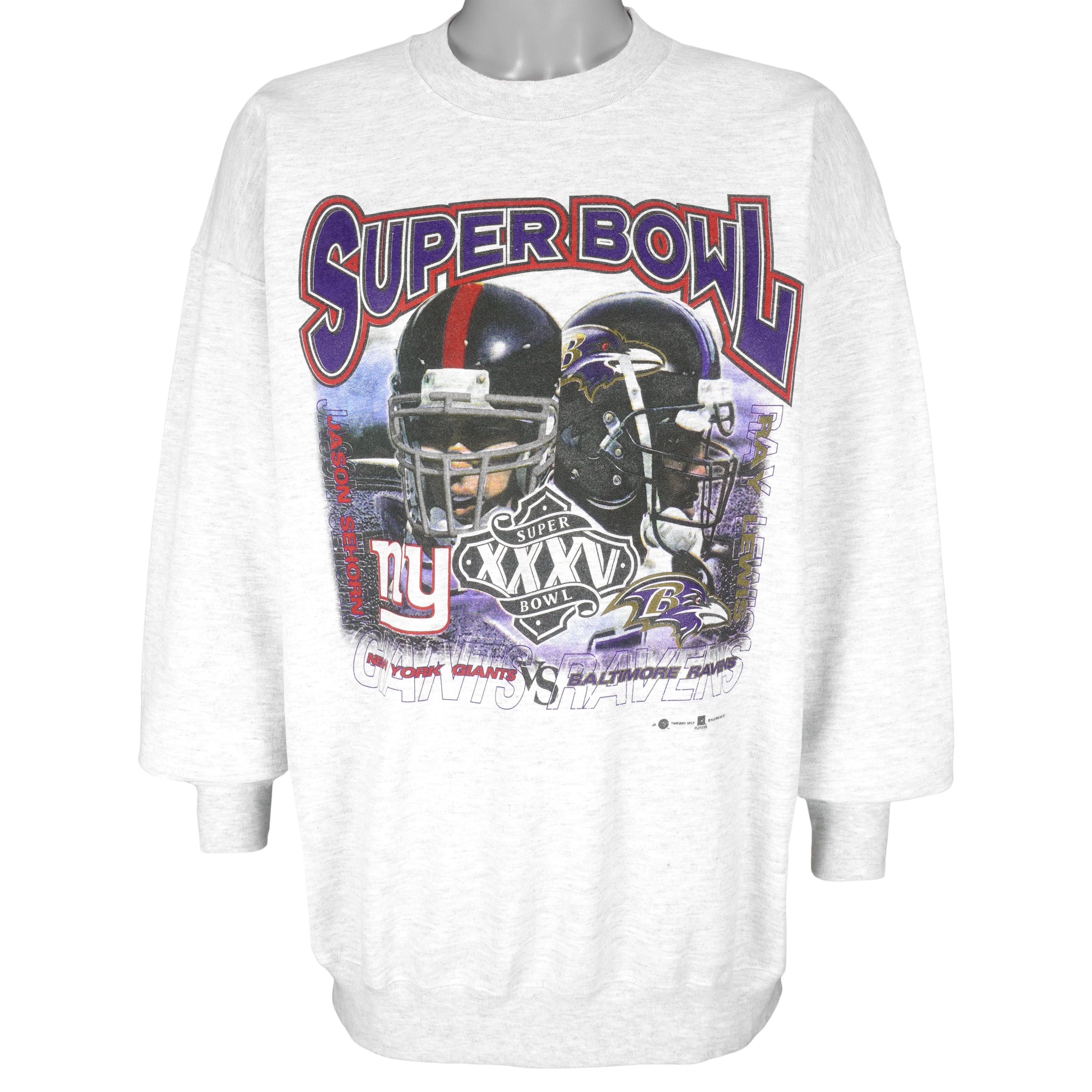 NFL (Gildan) - Jason Sehorn Giants VS Ray Lewis Ravens Crew Neck Sweatshirt 2001 X-Large Vintage Retro Football