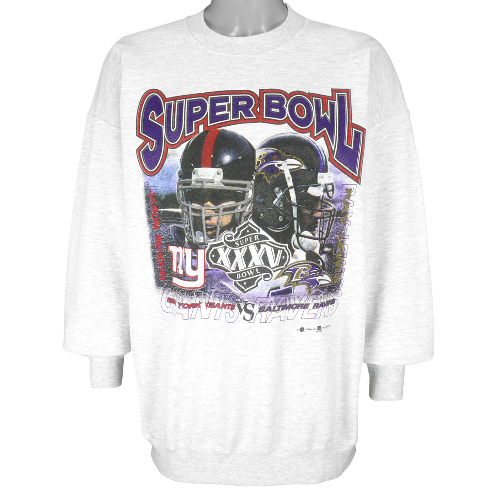 NFL (Gildan) - Jason Sehorn Giants VS Ray Lewis Ravens Crew Neck Sweatshirt 2001 X-Large Vintage Retro Football