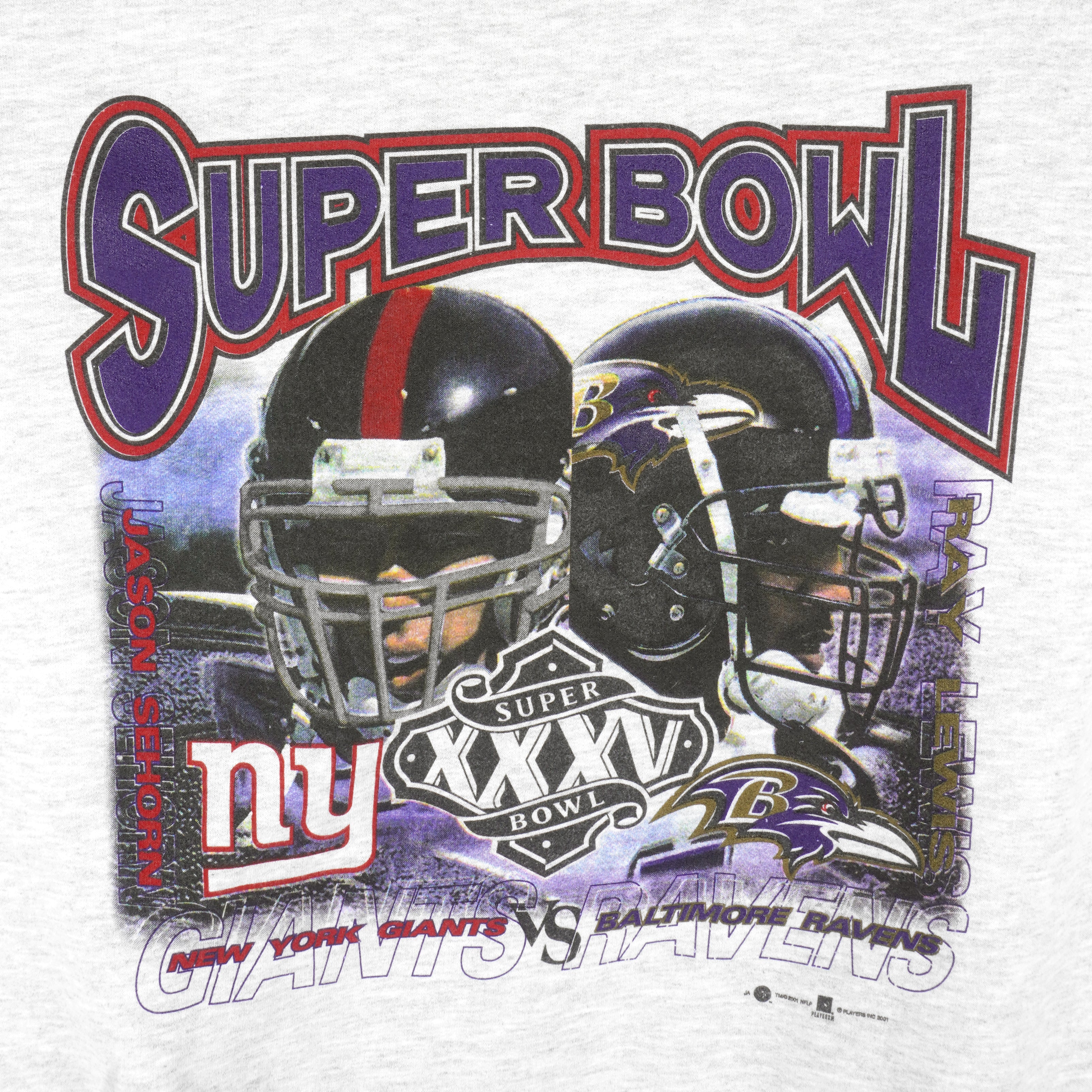 NFL (Gildan) - Jason Sehorn Giants VS Ray Lewis Ravens Crew Neck Sweatshirt 2001 X-Large Vintage Retro Football