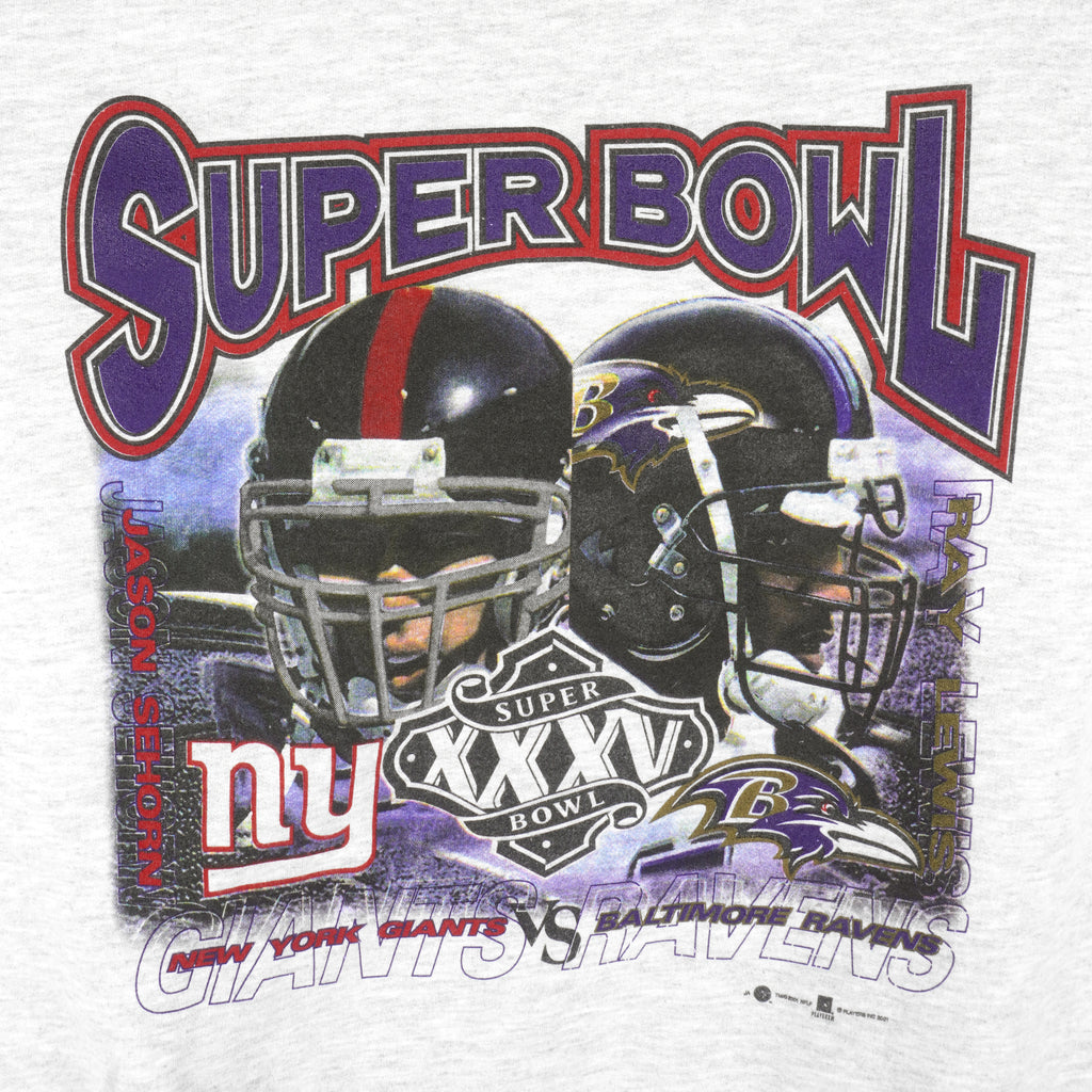NFL (Gildan) - Jason Sehorn Giants VS Ray Lewis Ravens Crew Neck Sweatshirt 2001 X-Large Vintage Retro Football