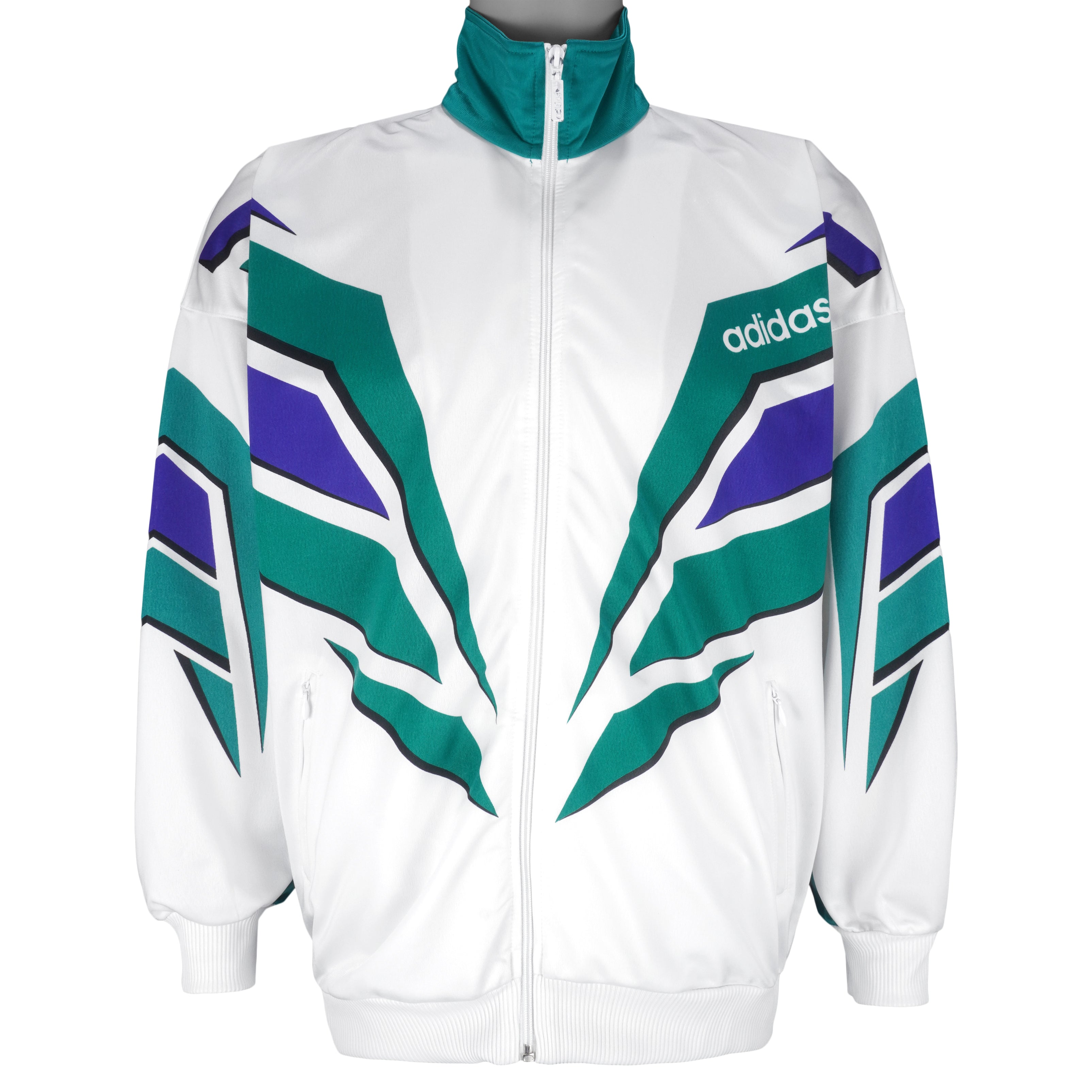 Adidas - White with Green Zip-Up Windbreaker 1990s Large Vintage Retro