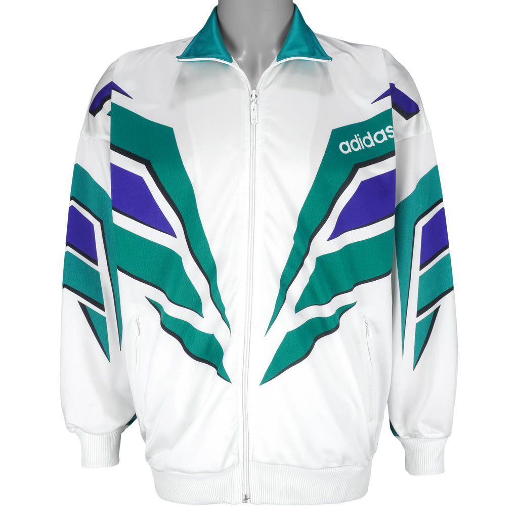 Adidas - White with Green Zip-Up Windbreaker 1990s Large Vintage Retro