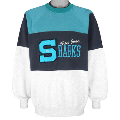 NHL (Nutmeg) - San Jose Sharks Embroidered Initial Colorblock Crew Neck Sweatshirt 1990s X-Large