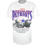 NFL (Nutmeg) - New England Patriots Official Football Schedule T-Shirt 1994 X-Large Vintage Retro Football