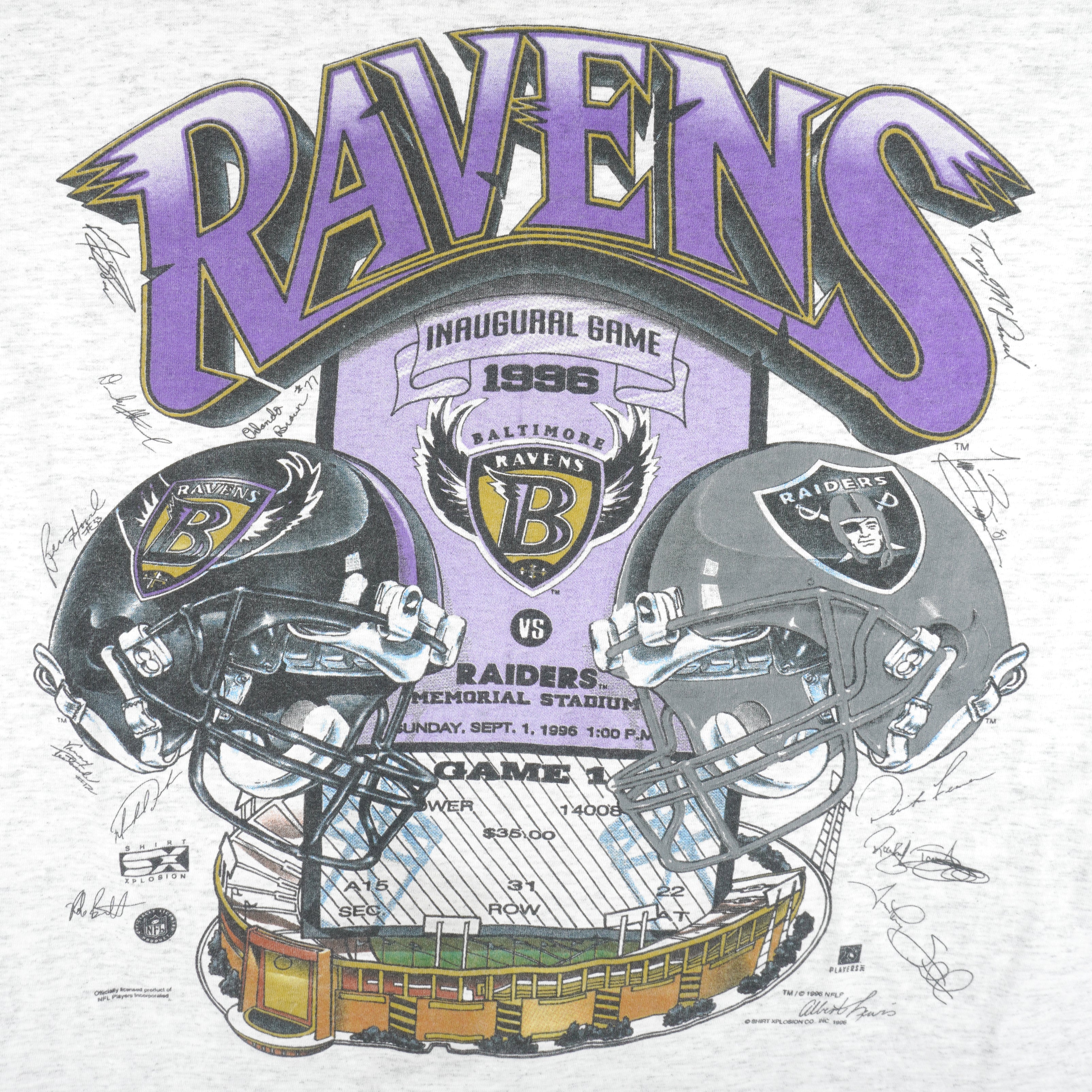 NFL (Oneita) - Super Bowl XXIII Ravens VS Raiders Signatures T-Shirt 1996 Large Vintage Retro Footbal