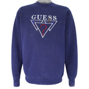 Guess - Blue Embroidered Crew Neck Sweatshirt 1990s Large Vintage Retro