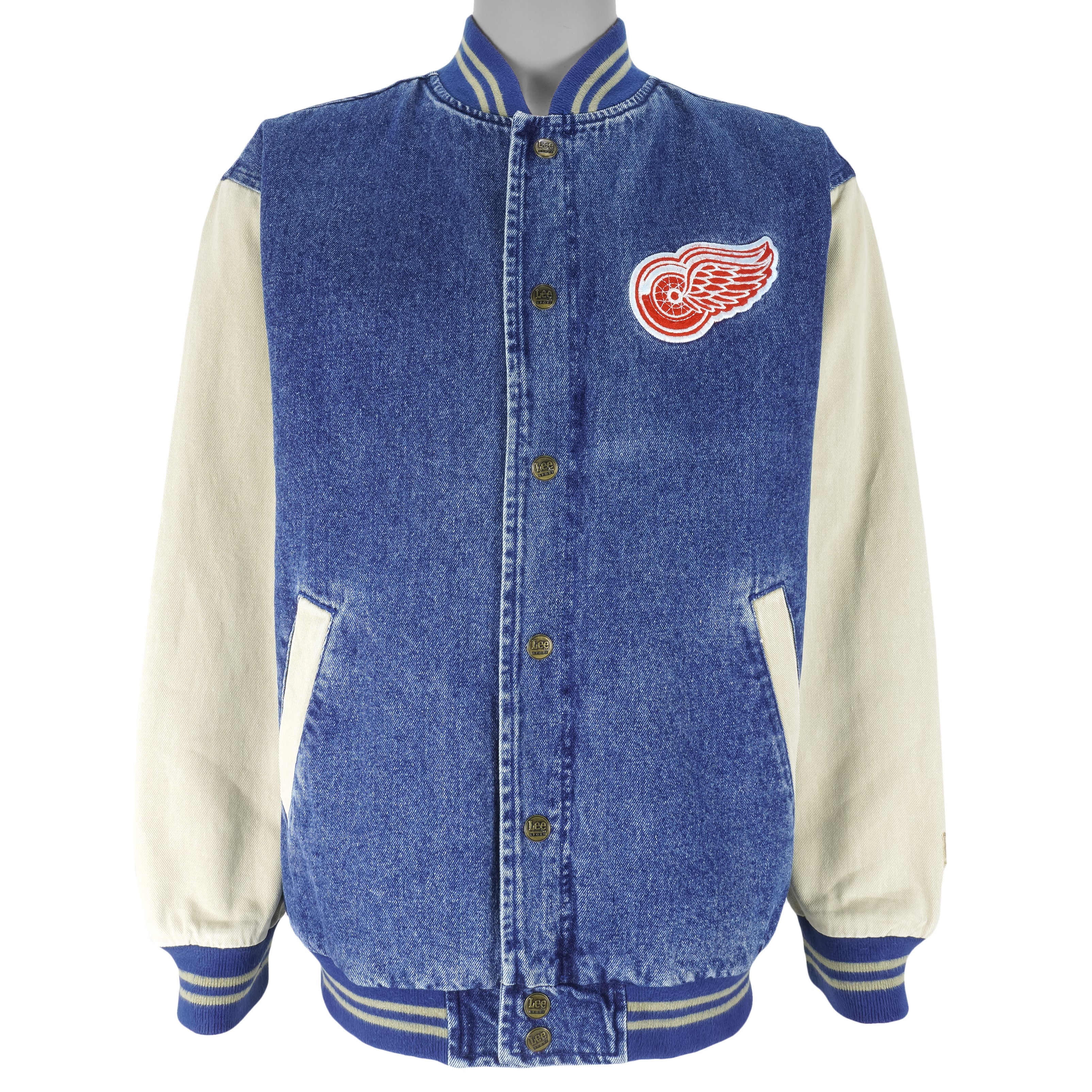 NHL (Lee) - Detroit Red Wings Embroidered Denim Bomber Jacket 1990s Medium Vintage Retro