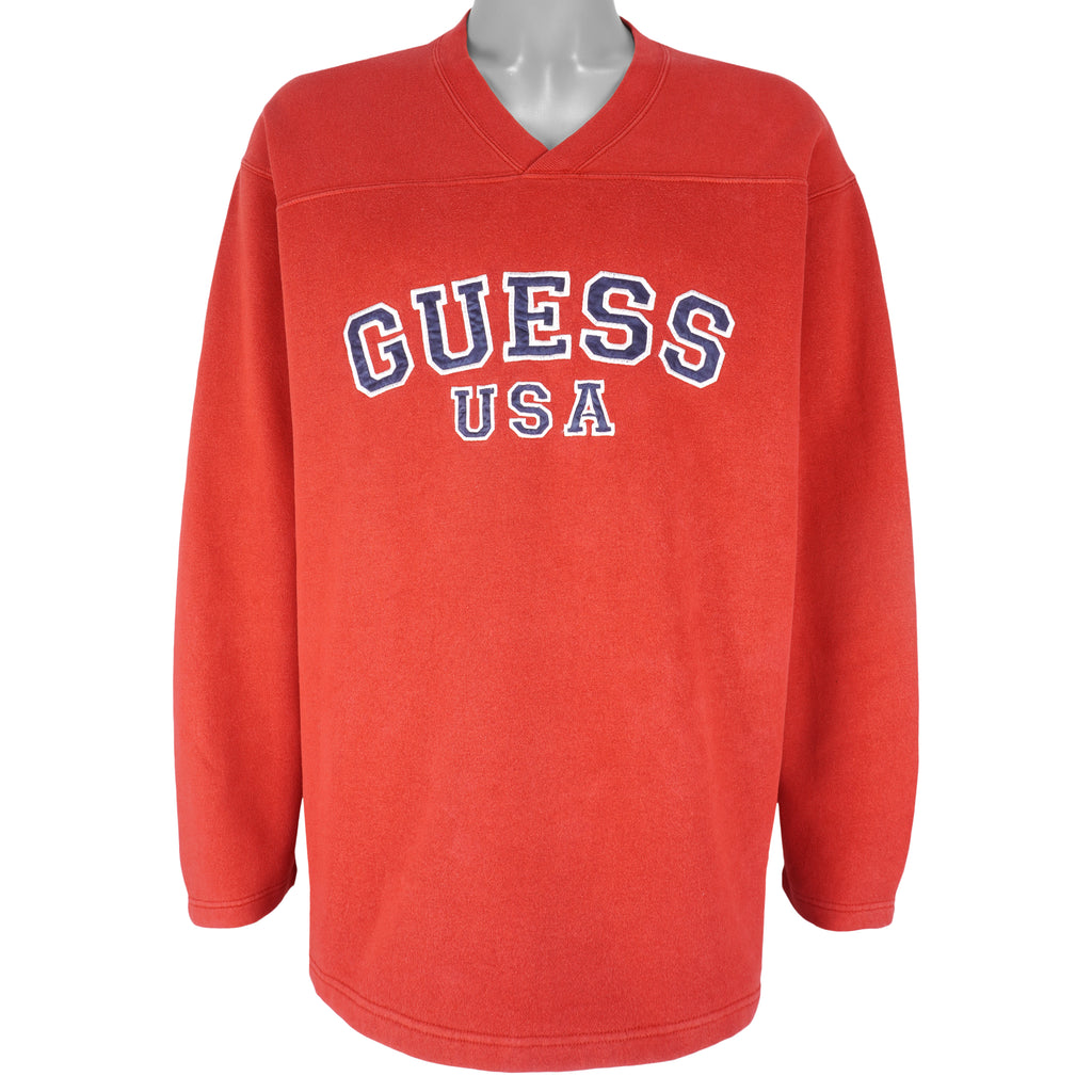 Guess - Red USA V-Neck Sweatshirt 1990s Medium Vintage Retro