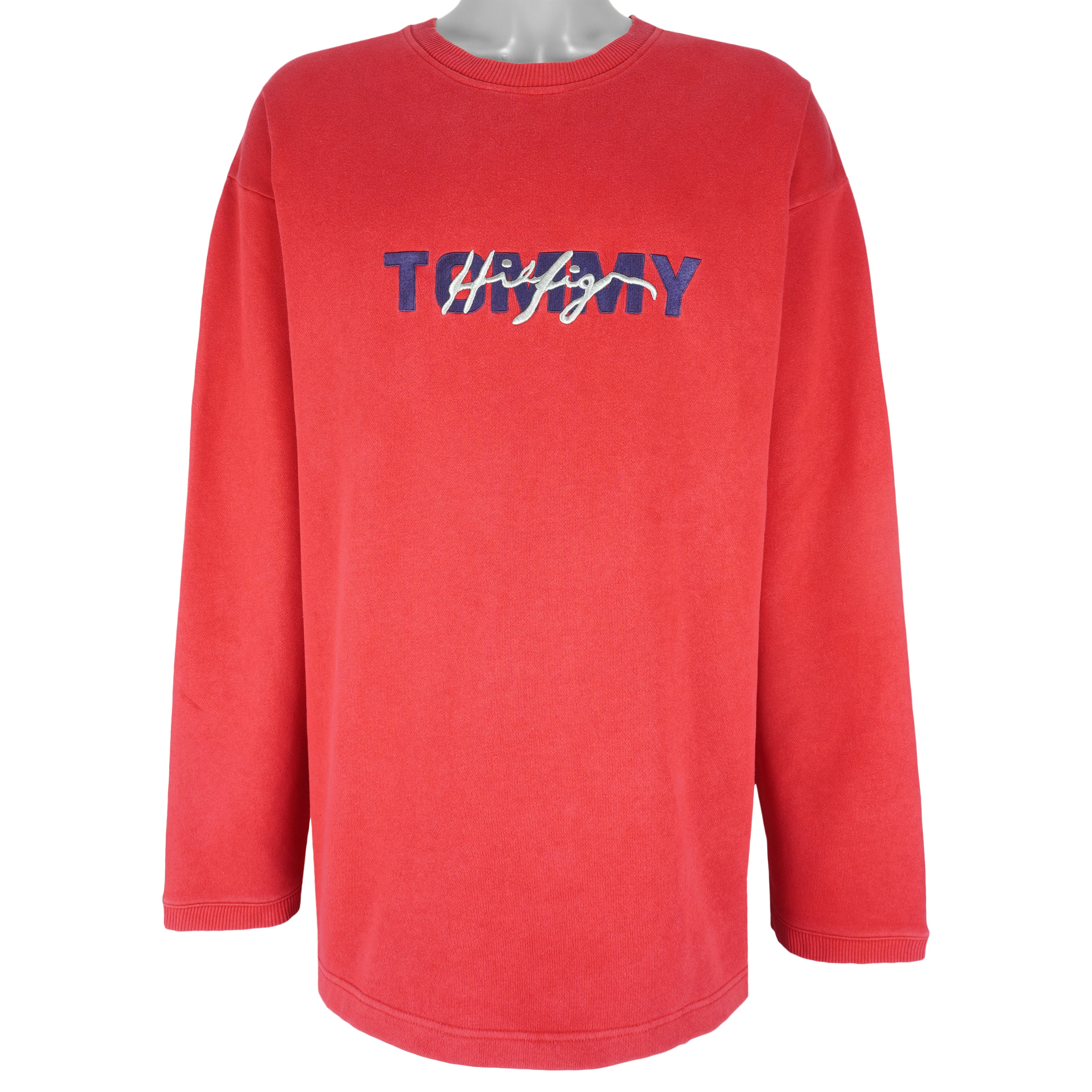 Tommy Hilfiger - Red Embroidered Crew Neck Sweatshirt 1990s X-Large Vintage Retro