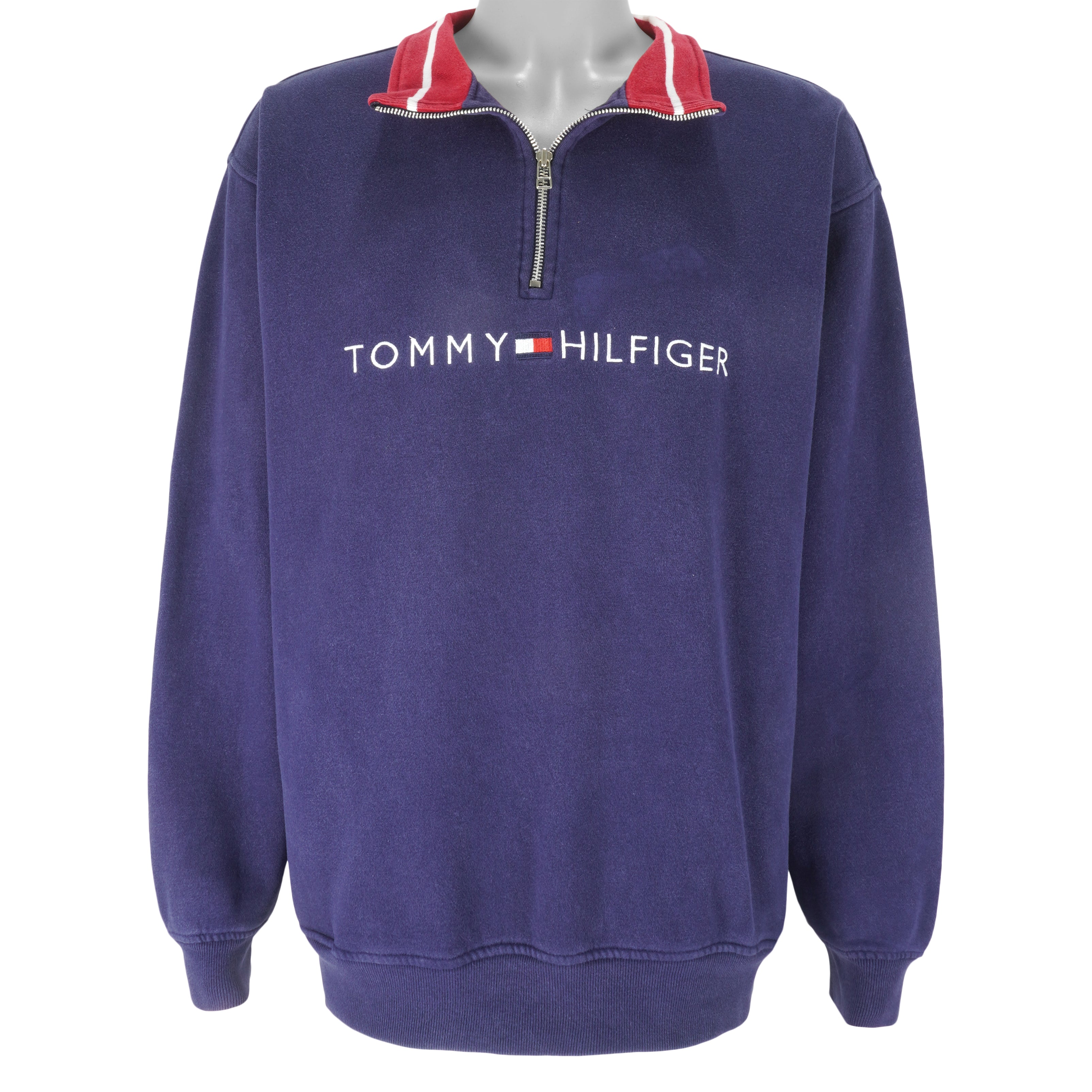 Tommy Hilfiger - Blue Embroidered Crew Neck Sweatshirt 1990s Large Vintage Retro