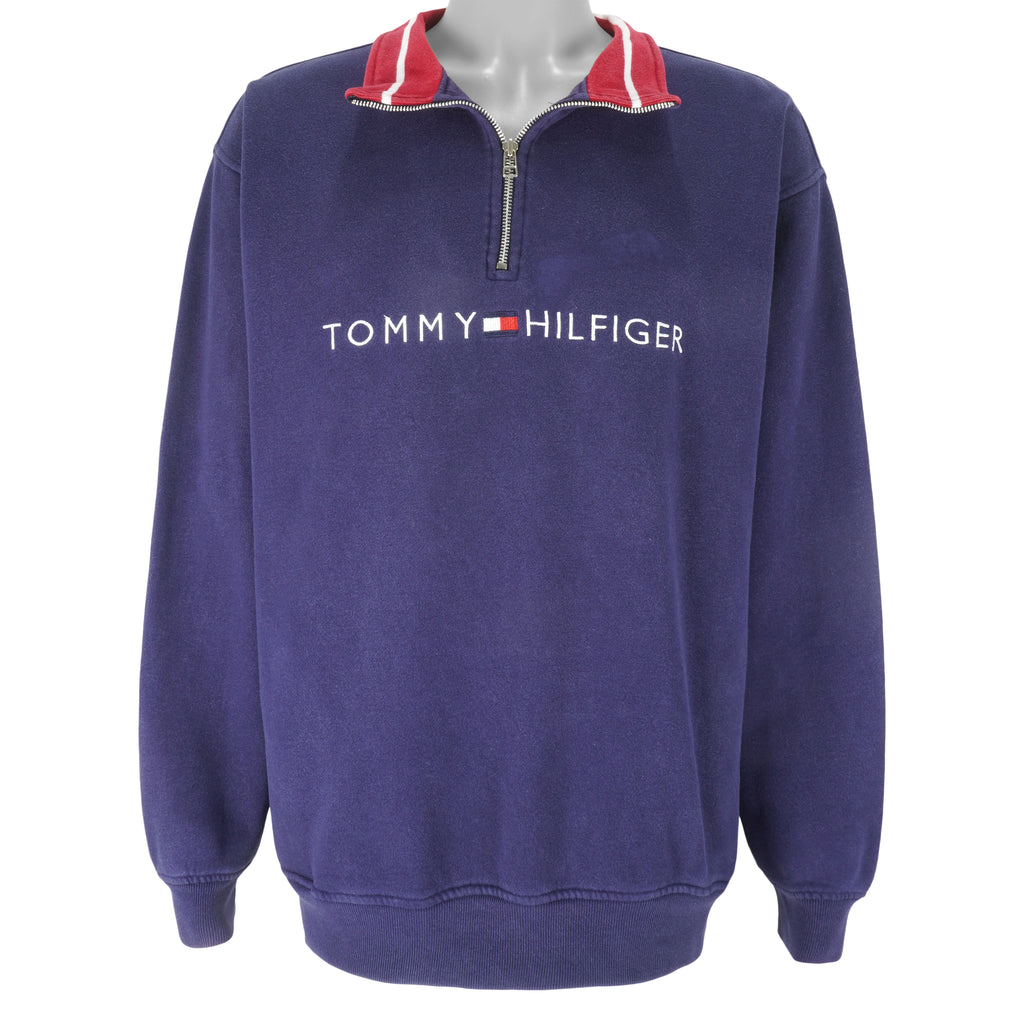 Tommy Hilfiger - Blue Embroidered Crew Neck Sweatshirt 1990s Large Vintage Retro