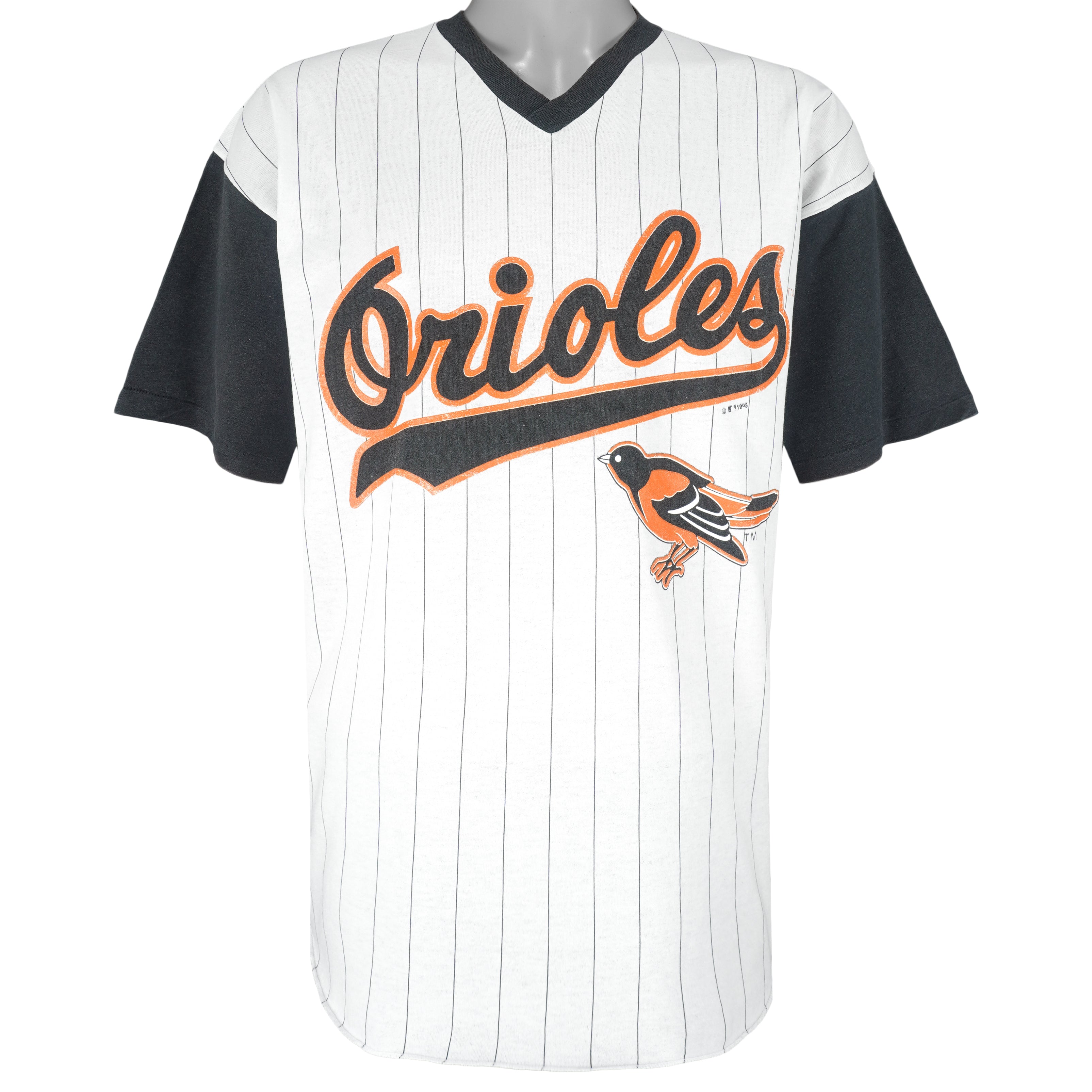 MLB (Nutmeg) - Baltimore Orioles Single Stitch Pin Stripes T-Shirt 1993 X-Large Vintage Retro Baseball