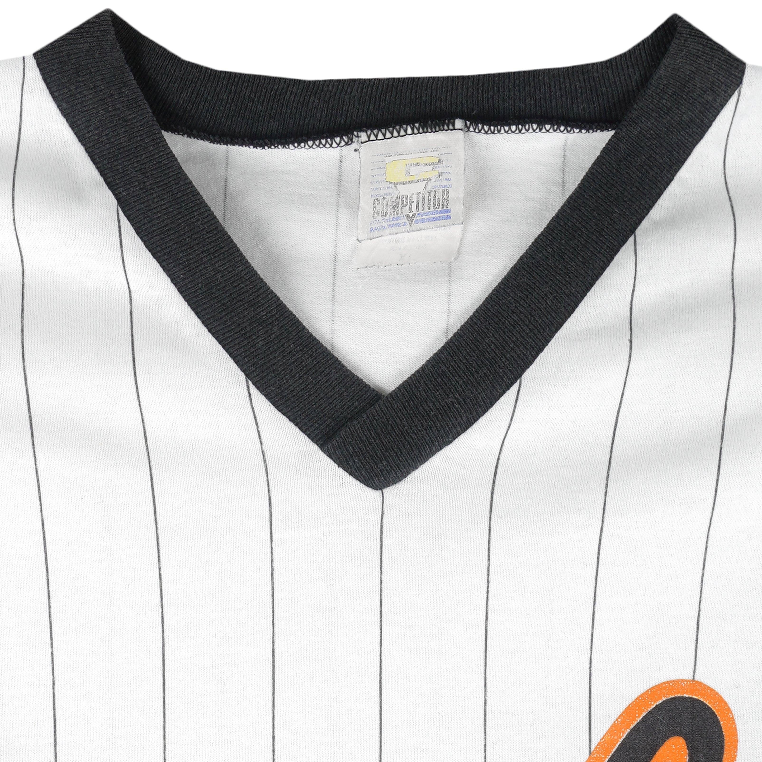 MLB (Nutmeg) - Baltimore Orioles Single Stitch Pin Stripes T-Shirt 1993 X-Large Vintage Retro Baseball
