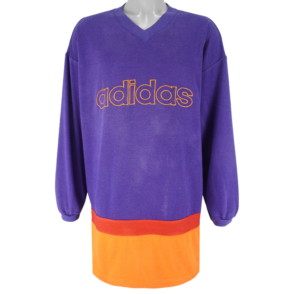 Adidas - Tricolor Embroidered V-neck Sweatshirt 1990s Large Vintage Retro