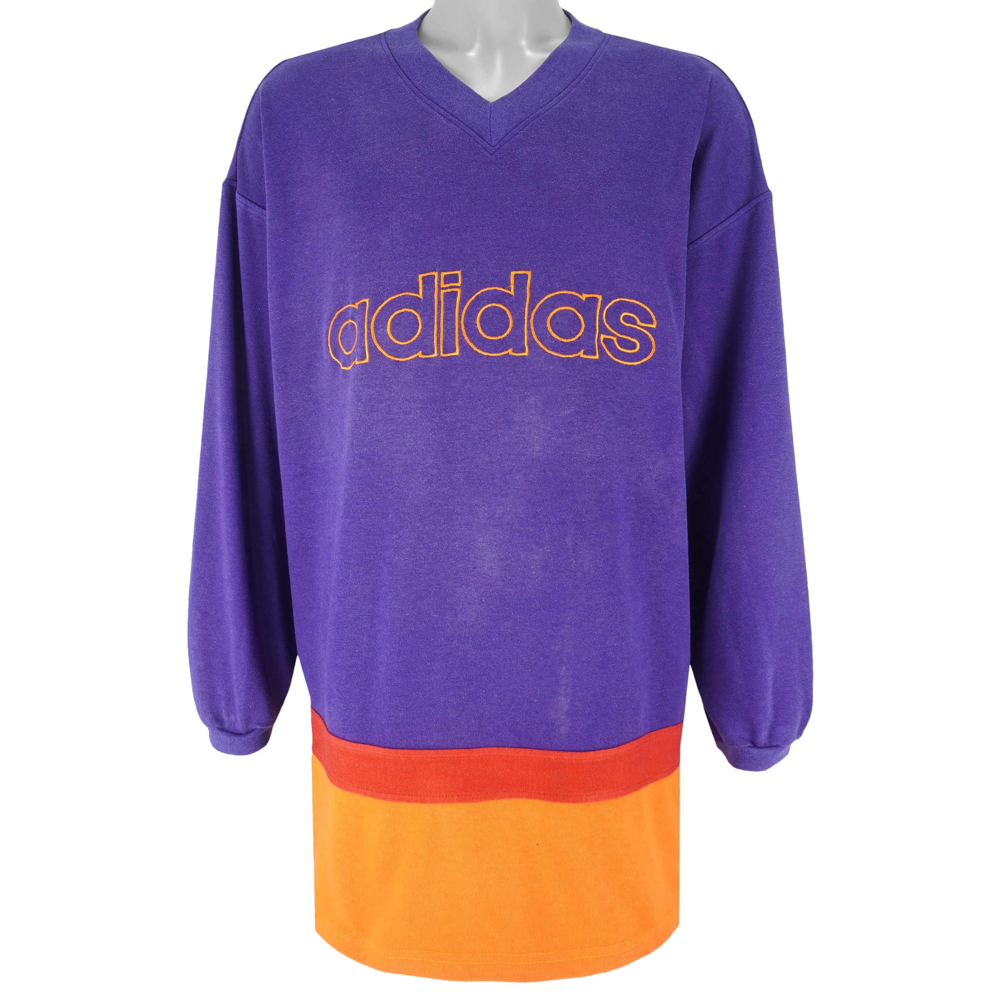 Adidas - Tricolor Embroidered V-neck Sweatshirt 1990s Large Vintage Retro