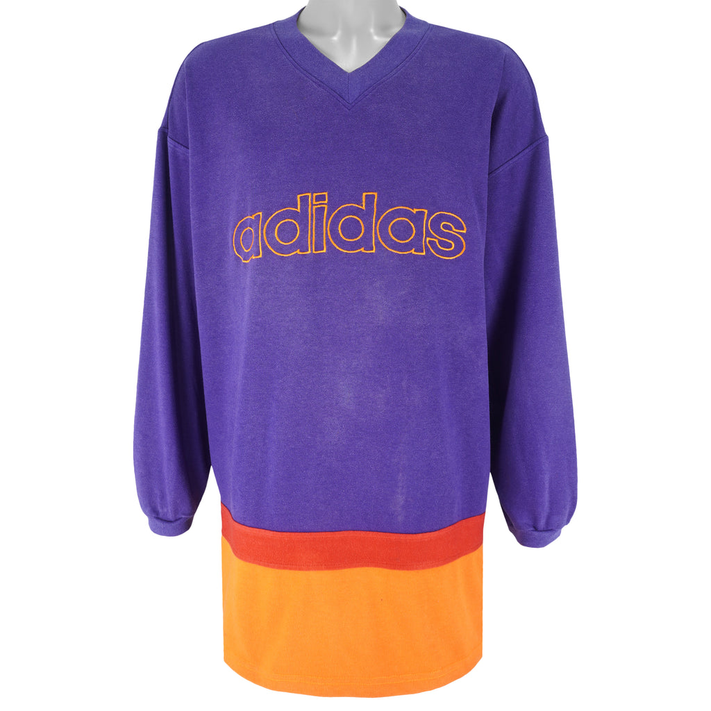 Adidas - Tricolor Embroidered V-neck Sweatshirt 1990s Large Vintage Retro