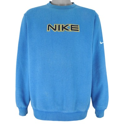 Nike - Blue Spell-Out Crew Neck Embroidered Sweatshirt 2000s Medium