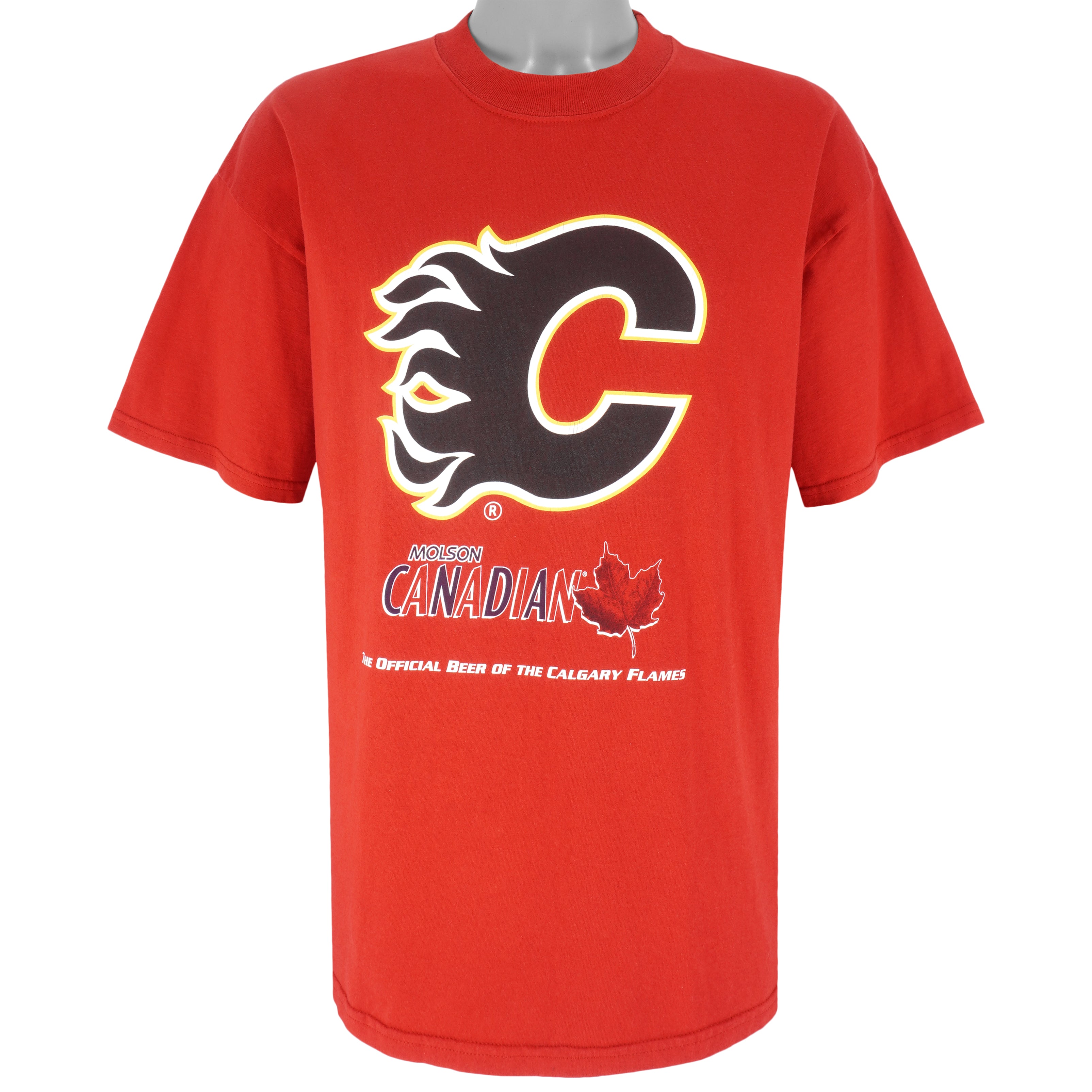 NHL (M&O) - Calgary Flames Official Beer T-Shirt 1990 X-Large Vintage Retro Hockey