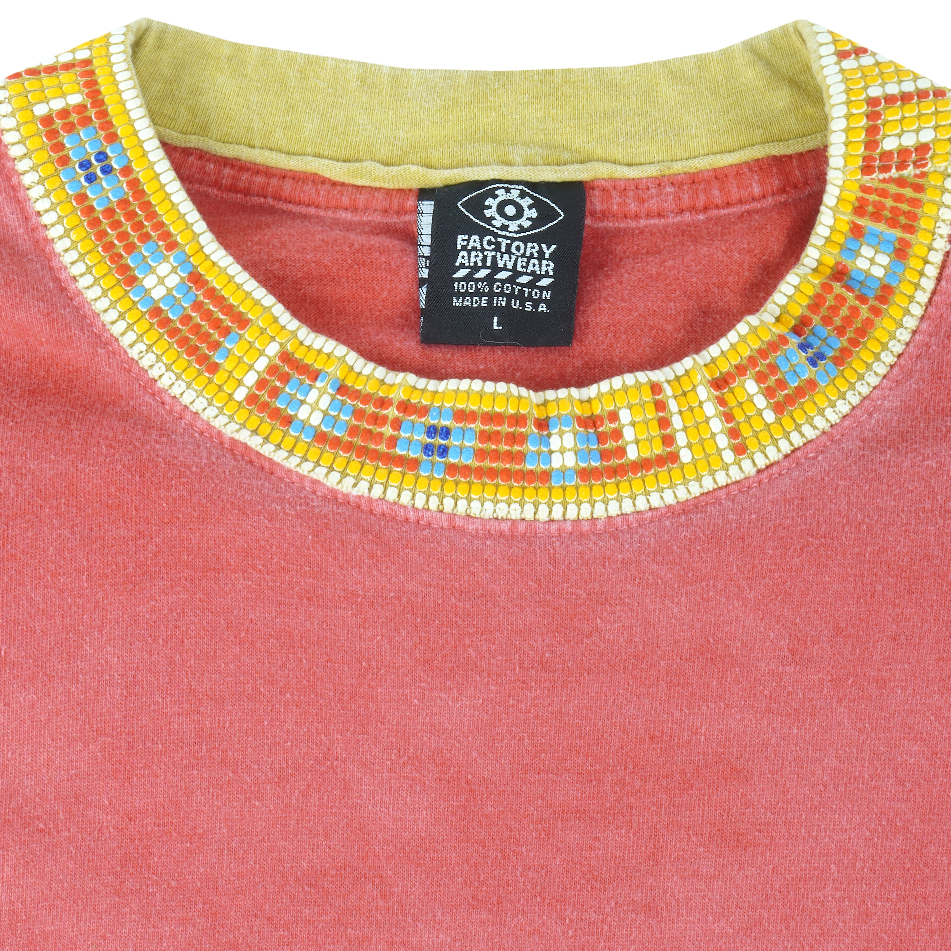 Vintage (Factory Artwear) - Pink & Yellow Native T-Shirt 1990s Large Vintage Retro