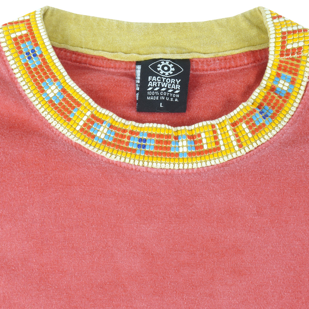 Vintage (Factory Artwear) - Pink & Yellow Native T-Shirt 1990s Large Vintage Retro