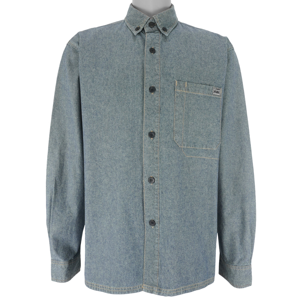 FUBU - Grey Denim-Like Button-Up Long Sleeve Shirt 1990s Medium Vintage Retro