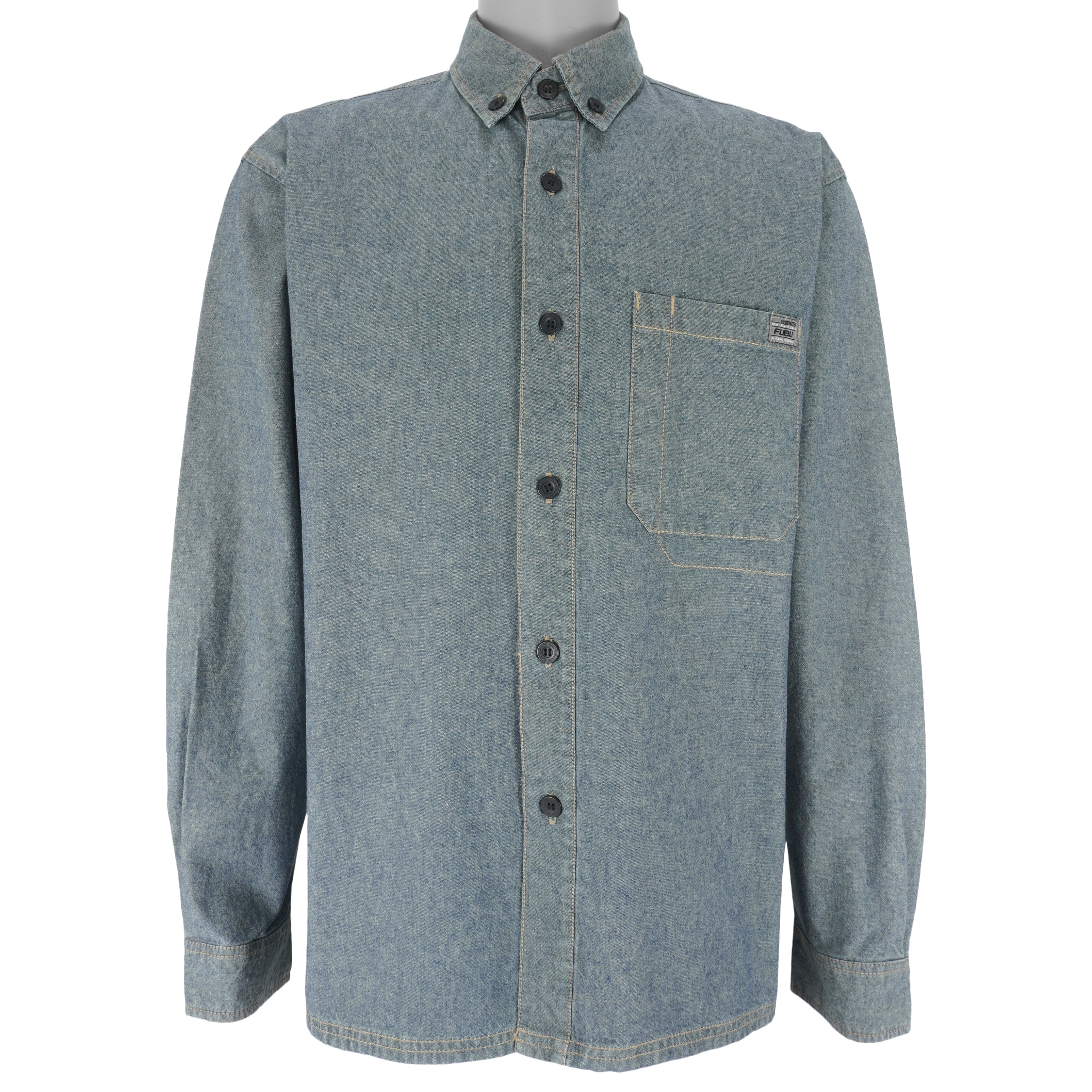 FUBU - Grey Denim-Like Button-Up Long Sleeve Shirt 1990s Medium Vintage Retro