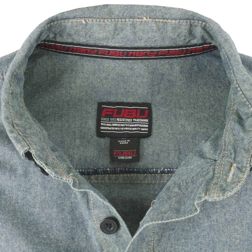 FUBU - Grey Denim-Like Button-Up Long Sleeve Shirt 1990s Medium Vintage Retro