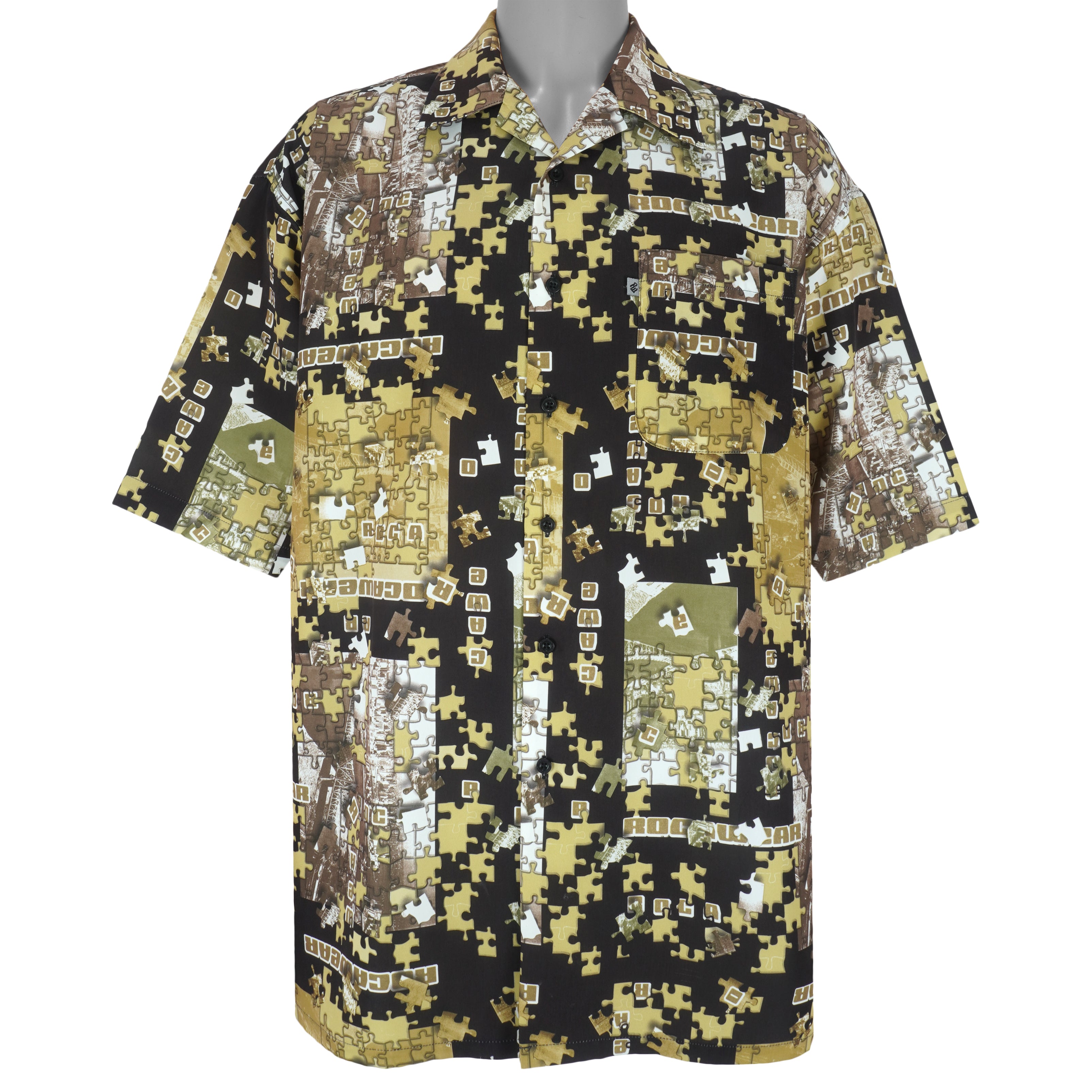 Black yellow and multicolor 1990s Rocawear puzzle-pattern button-up shirt