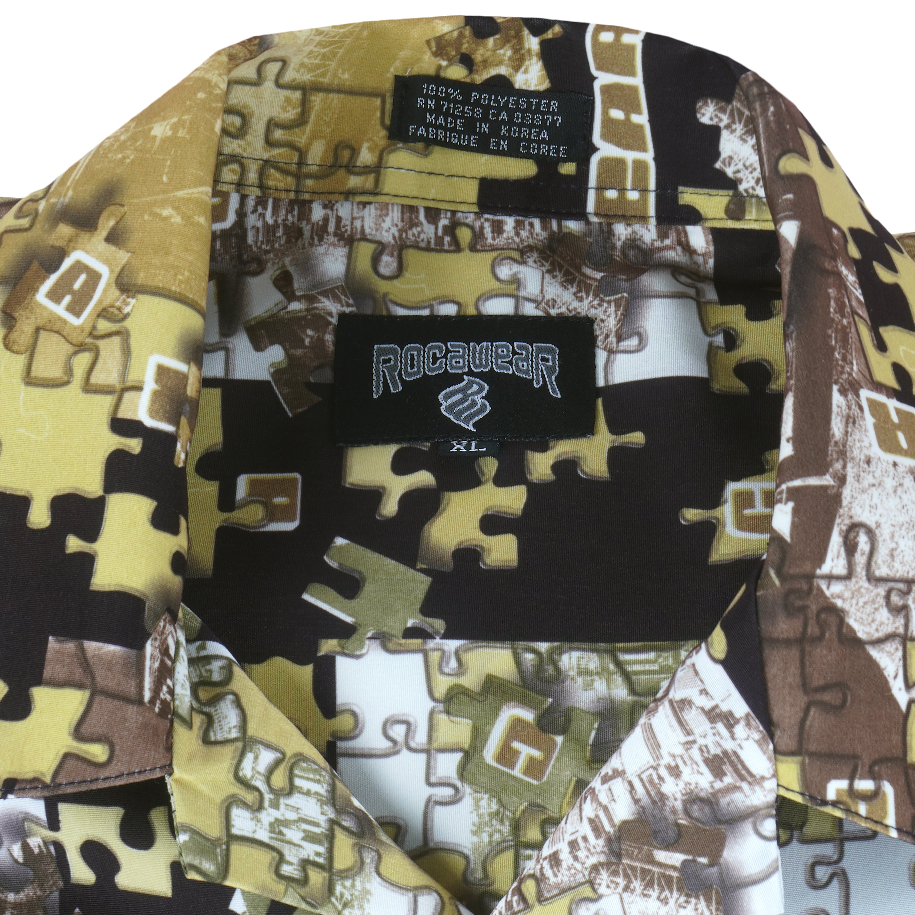 Black yellow and multicolor 1990s Rocawear puzzle-pattern button-up shirt