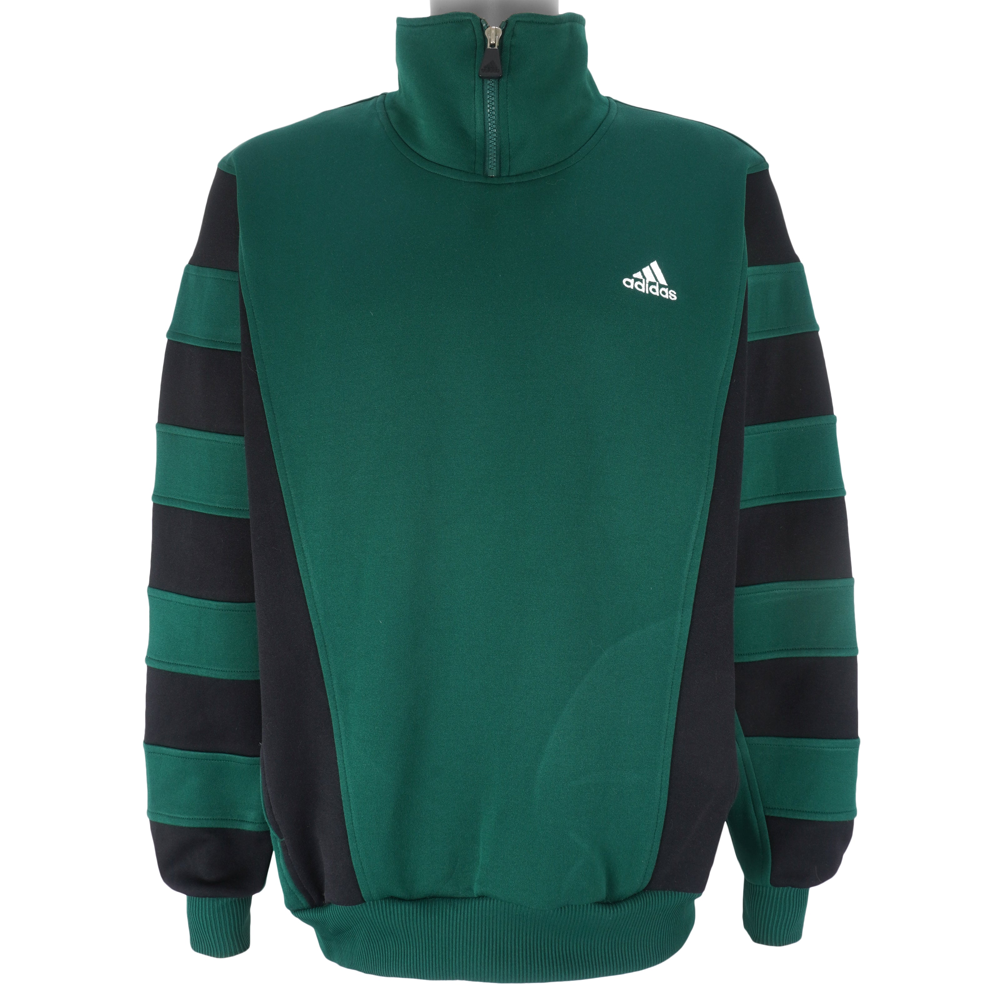 Adidas - Green with Black 1/4 Zip Embroidered Sweatshirt 1990s Large Vintage Retro