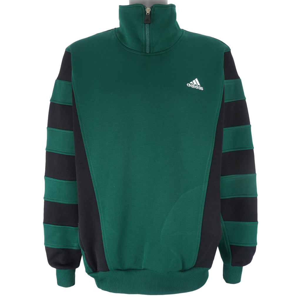 Adidas - Green with Black 1/4 Zip Embroidered Sweatshirt 1990s Large Vintage Retro