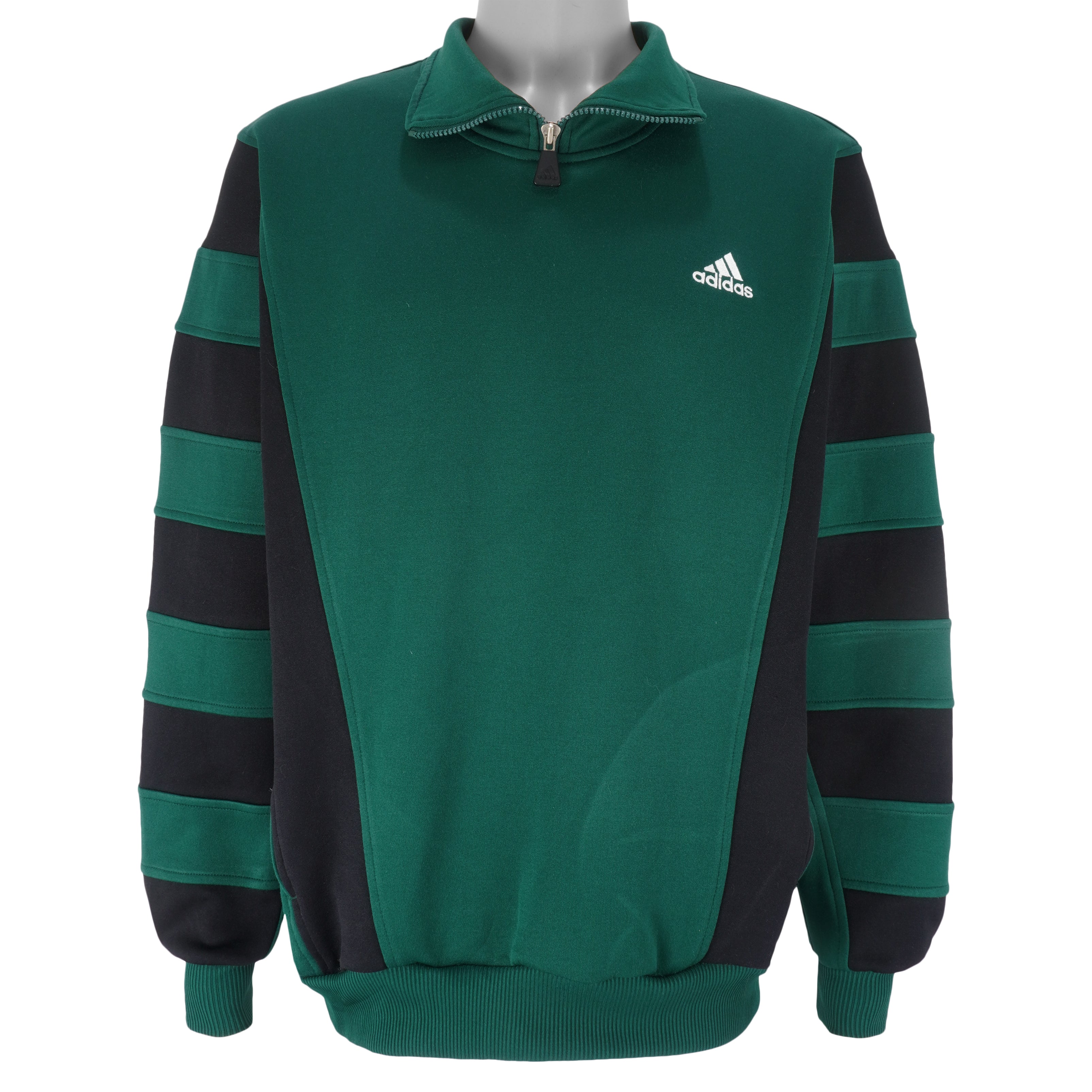 Adidas - Green with Black 1/4 Zip Embroidered Sweatshirt 1990s Large Vintage Retro