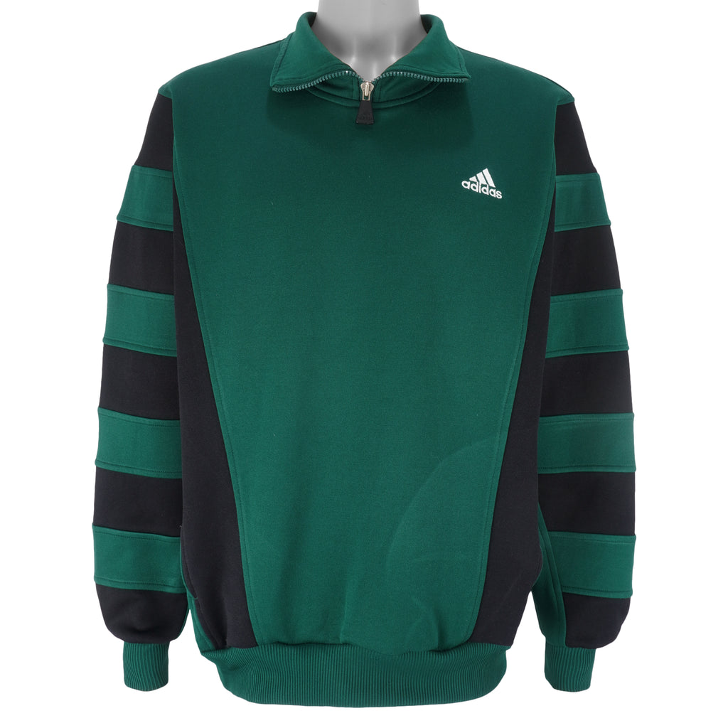 Adidas - Green with Black 1/4 Zip Embroidered Sweatshirt 1990s Large Vintage Retro
