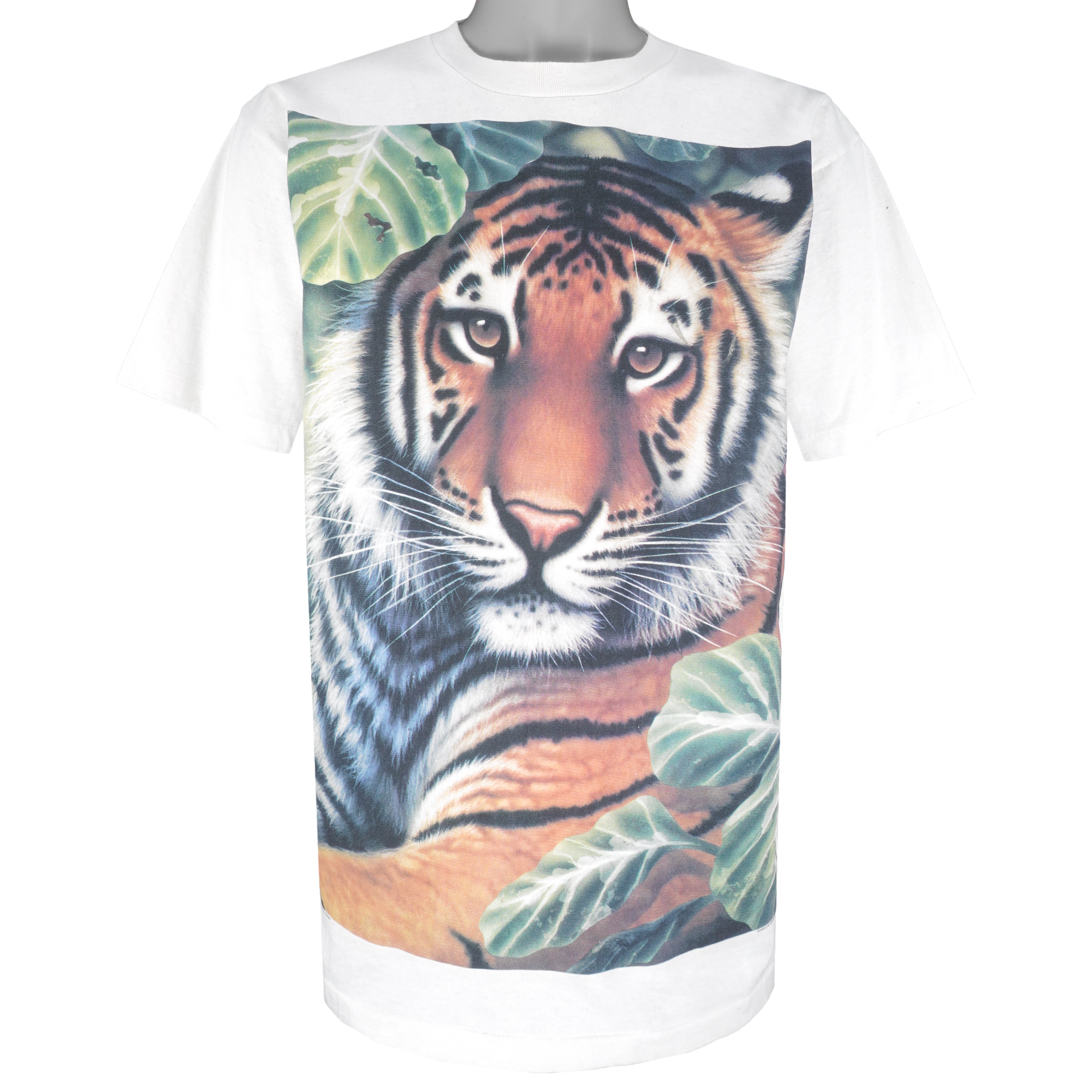 Vintage (Earth Tones) - Tiger Printed Single Stitch T-Shirt 1990s Large Vintage Retro